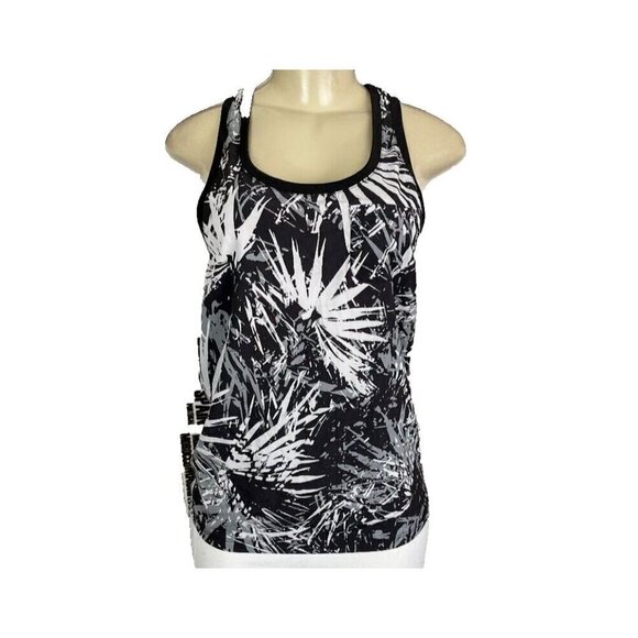 Fabletics S Black Abstract Leaf Print Scoop Neckline Racerback Pocket Tank Top - Picture 2 of 6
